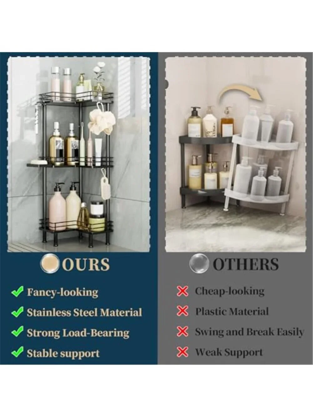 Corner Shower Caddy Standing Stainless Steel 3 Tier Bathroom Organizer Black